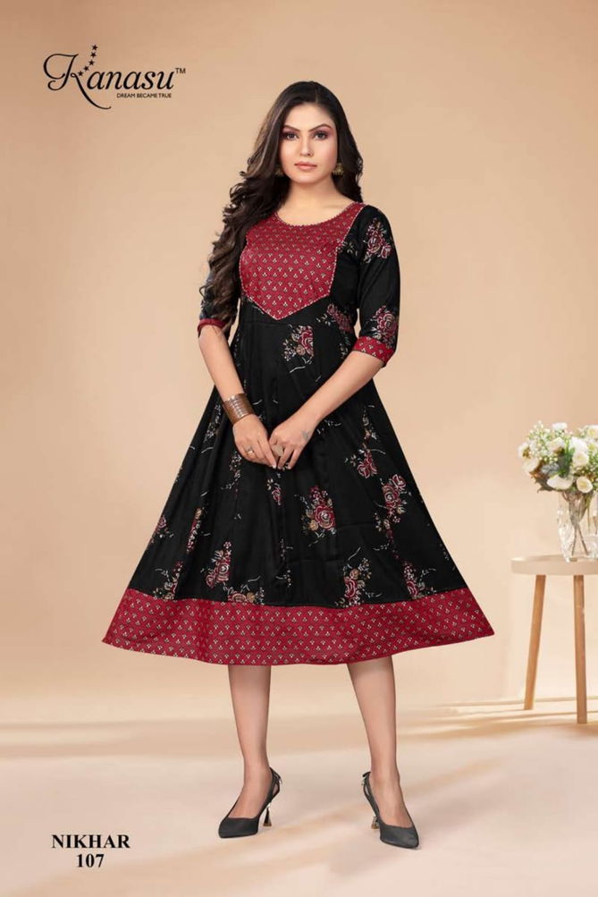 Nikhar By Kanasu Rayon Printed Kurtis Catalog